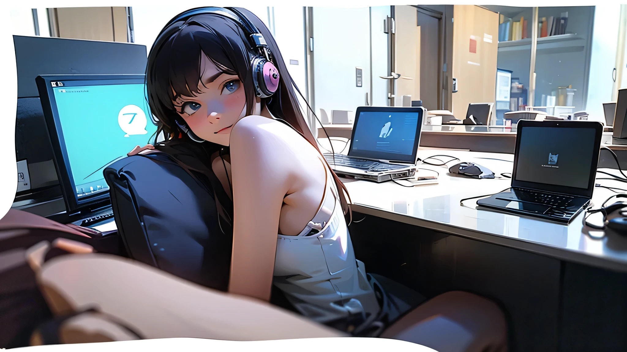 girl studying with a laptop and headphones