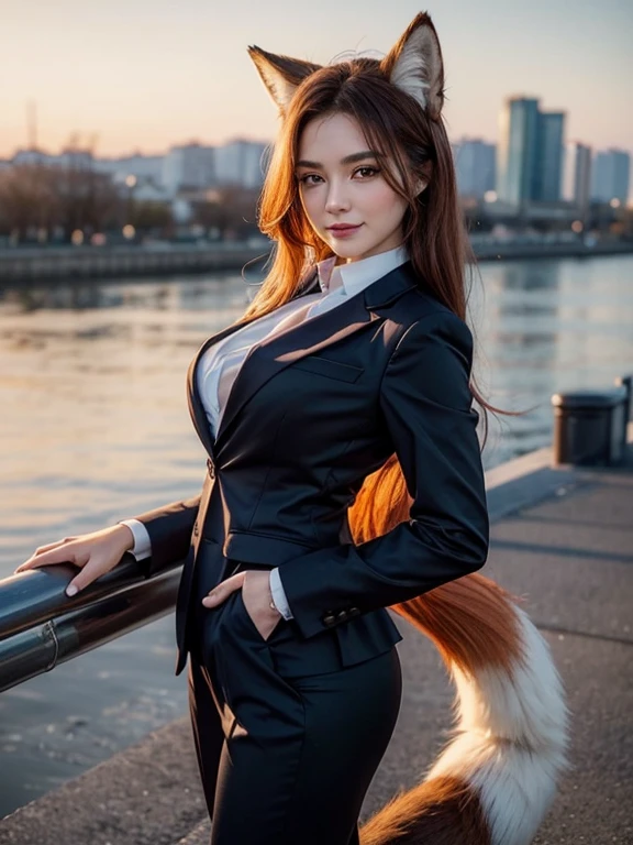 ((highest quality, 32k)), ((masterpiece)), (Get used to it), Perfect Face, Fox Girl, Beautiful woman, public, Has a tail, She has a fox tail, She wags her fluffy tail, smile, collar, She wears a business suit, Beautiful hip line, A tail sticking out from a business suit, Large Breasts, Big Ass
