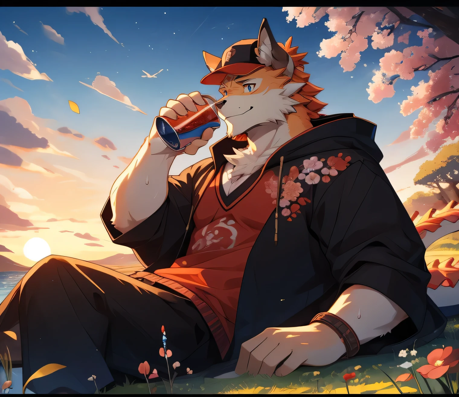 masterpiece,night,Anthropomorphic dog,one person,male,26 years old,Strong dragon horns and slender dragon whiskers(((Strong body))),(((nude,Red and white sportswear,coat,Blue sports cap))),full-body shot,Under the willow tree,(((Hold the soda))),(((Ready-to-drink)))Night,Sunset,sweat,(((Orange hair))),Serious,Emotional Focus,Look at the audience,type,Smile,Sit,Brown pupils,big eyes,Strong,Lying on the bed On the sea of flowers,Full body image,The light of sunset in the sky,Green Plants,grassland,Willow Branch,Flowers and grasses,(((background:SuburbanUnder the willow tree1.5))),(((Detailed character description))),