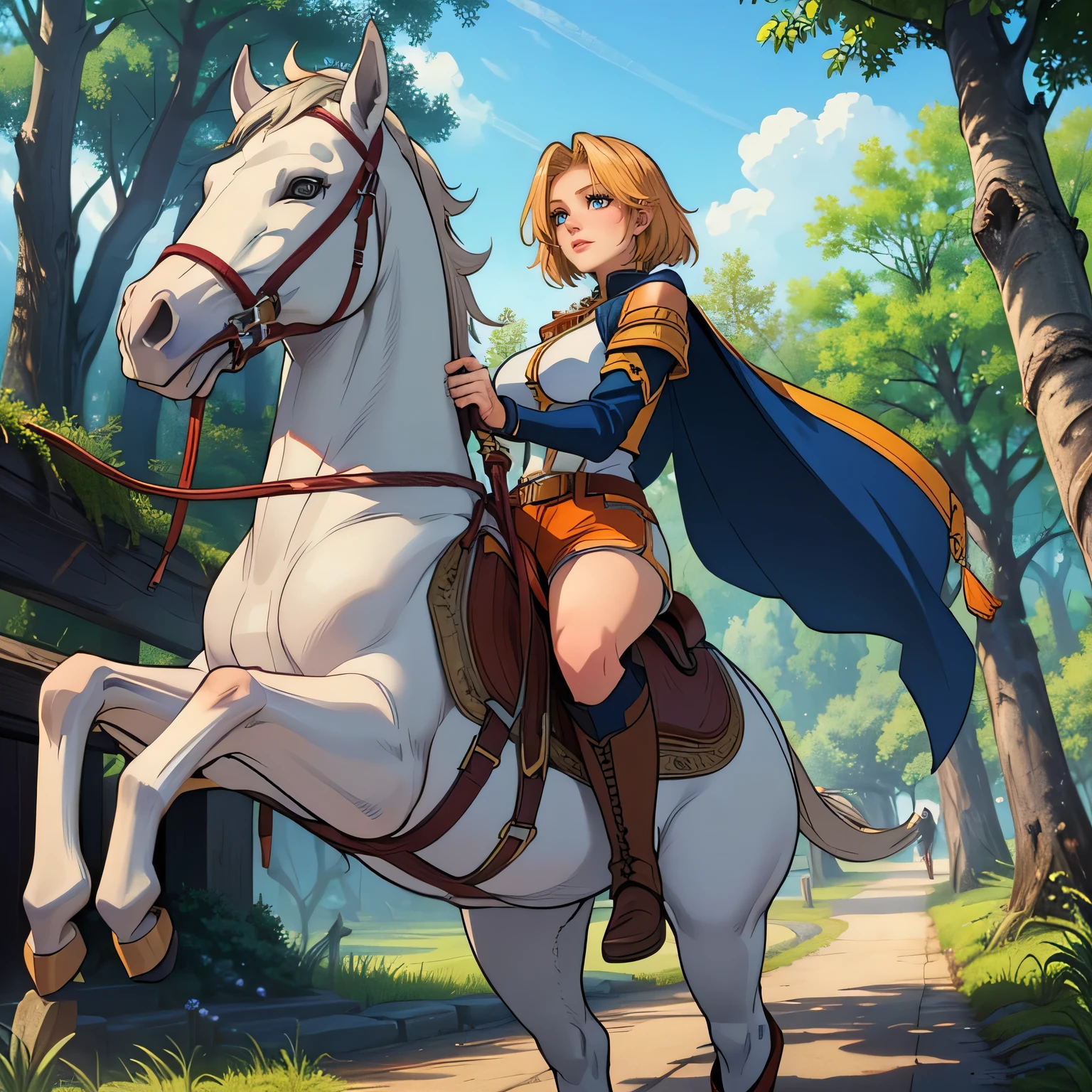 ((best quality)), ((anime masterpiece)), (detailed), cinematic lighting, vivid color, 8k, perfect face, large breast, a female knight riding a walking white horse in the woods+, (blue armor, orange shorts, leather boots), (white horse, saddle, stirups, reins: 1.5)++, forest, scenery, from side: 1.5, anatomically correct,