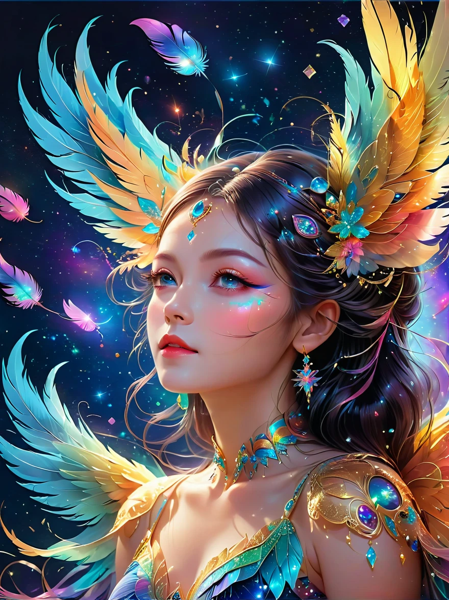 Dramatic depiction of a stunning beauty with glittering wings,Rainbow feathers. She flew over surrealism,Dusk sky,Leaving a trail of stardust behind. Her eyes sparkled with mystery and curiosity.. She is surrounded by floating islands that are not affected by gravity.,Each piece is decorated with bright colors,Floating crystal. Bold and fantastical colors,Create an otherworldly beauty. Use drone cameras to capture unique angles.,