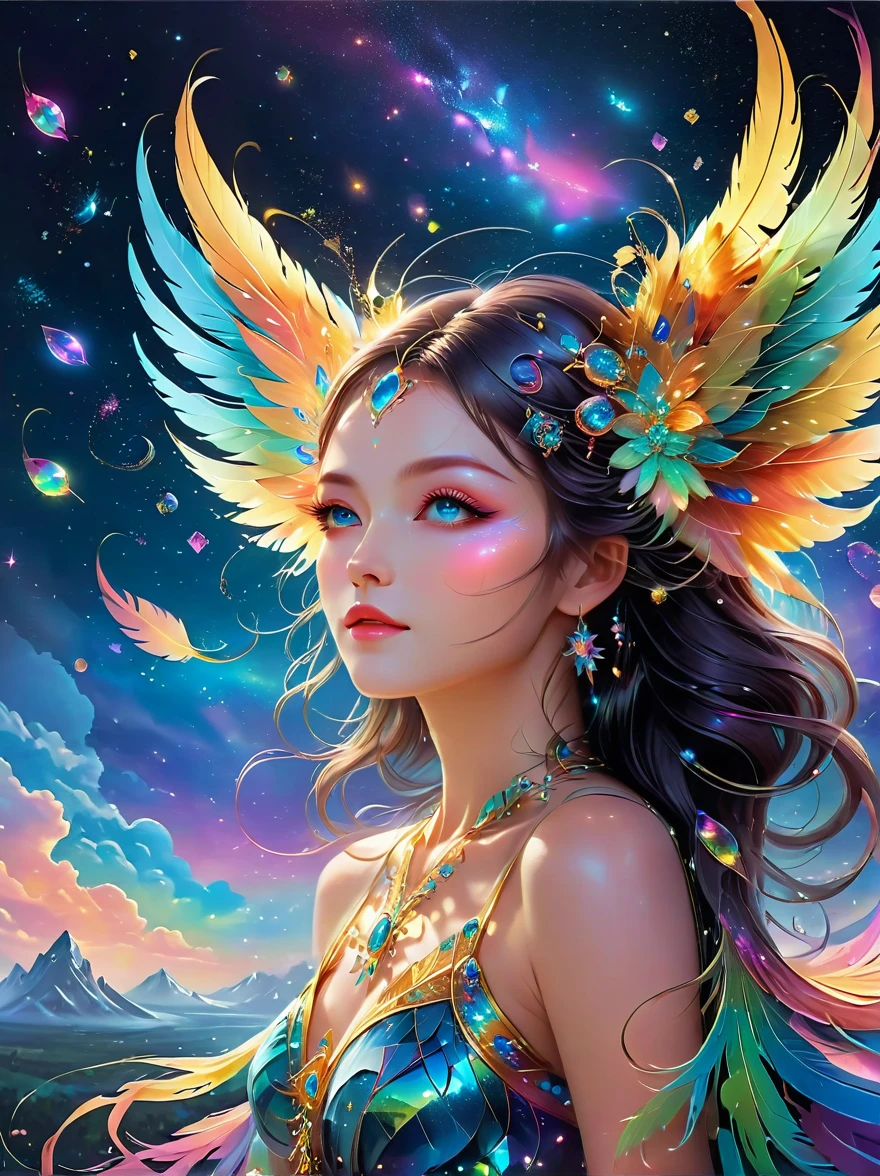 Dramatic depiction of a stunning beauty with glittering wings,Rainbow feathers. She flew over surrealism,Dusk sky,Leaving a trail of stardust behind. Her eyes sparkled with mystery and curiosity.. She is surrounded by floating islands that are not affected by gravity.,Each piece is decorated with bright colors,Floating crystal. Bold and fantastical colors,Create an otherworldly beauty. Use drone cameras to capture unique angles.,