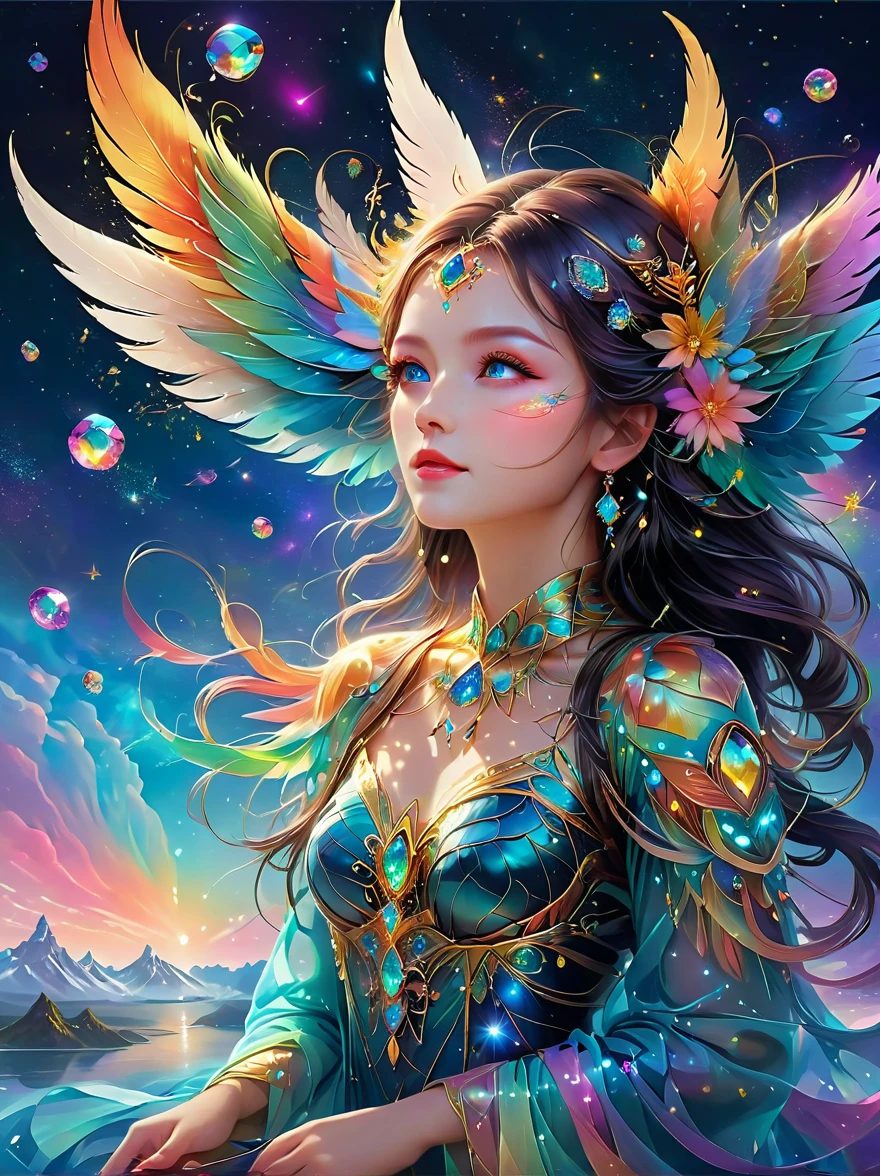 Dramatic depiction of a stunning beauty with glittering wings,Rainbow feathers. She flew over surrealism,Dusk sky,Leaving a trail of stardust behind. Her eyes sparkled with mystery and curiosity.. She is surrounded by floating islands that are not affected by gravity.,Each piece is decorated with bright colors,Floating crystal. Bold and fantastical colors,Create an otherworldly beauty. Use drone cameras to capture unique angles.,