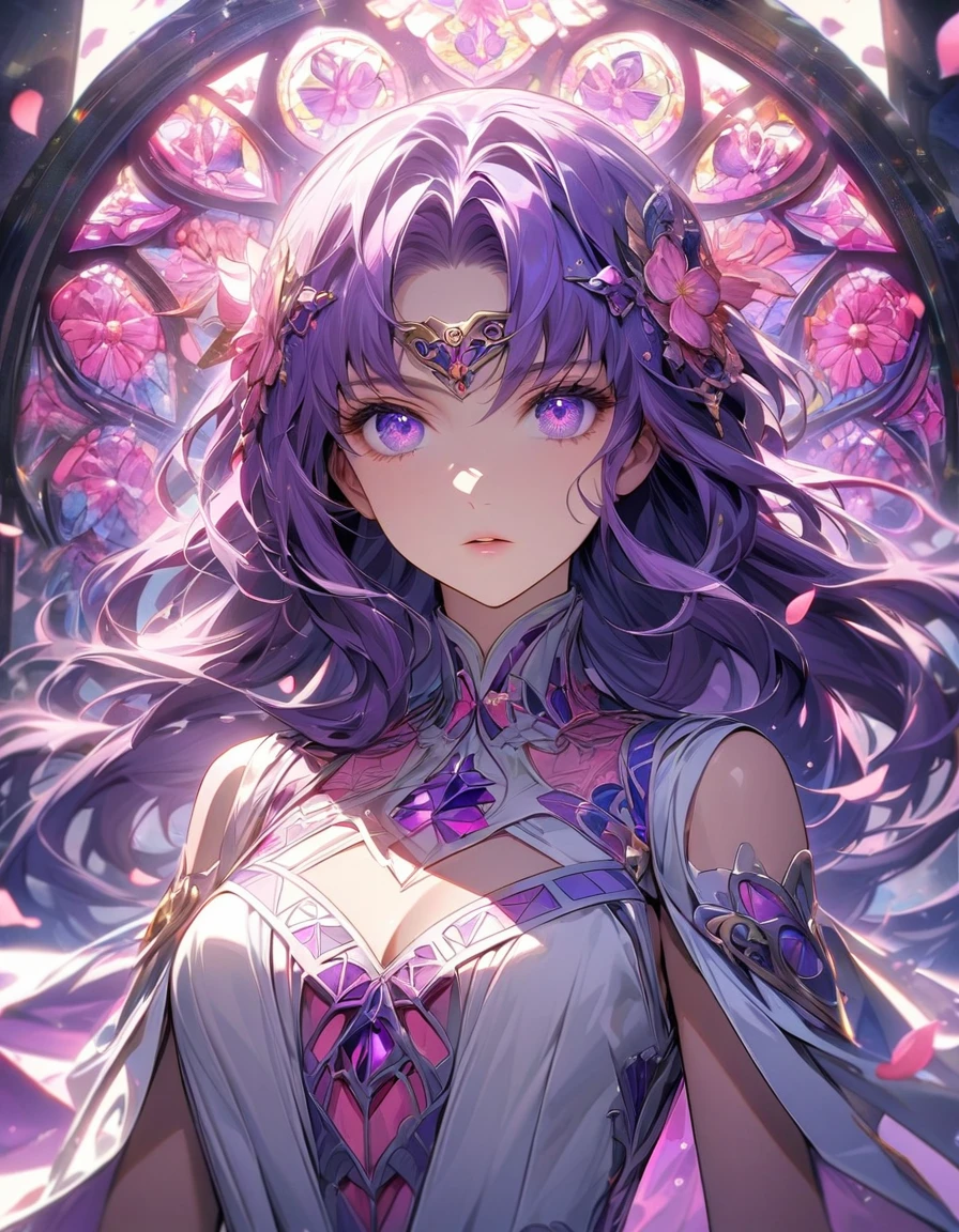 Ultra detailed, Highres, absurdres, HDR, Athena, purple long hair, expressive purple eyes, Saint Seiya, pink stained glass, pink flowers, petals, extremely beautiful, woman, perfect face, solo, very detailed eyes and face, pink glass, glittering, extremely pretty, white dress with patterns, neckle,