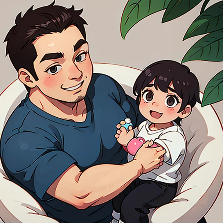 Big Chubby muscular  man smiling holding a chubby 5 years old baby boy using a pacifier 