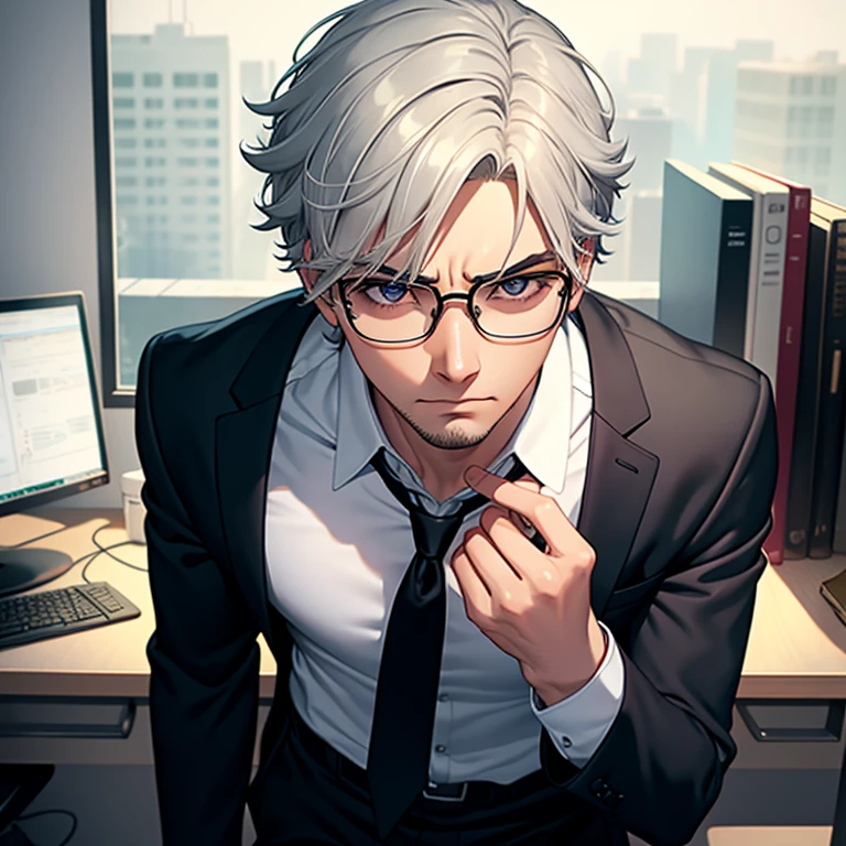masterpiece, best quality, high resolution, UHD, 8k, ((cowboy shot)), BREAK, 1 man, ((man style anime)), Glossy skin, rounded eye, beautiful eyelash, realistic eye, beautiful man, gray ligth hair, short hair, with white highlights, wearing black glasses, BREAK, detailed clothes, beautiful face, wearing in black close formal suit with a white shirt, red tie, black pants, BREAK, standing touching his glasses, serious face in an office with many papers and folders and a small statue of justice in the back ground.