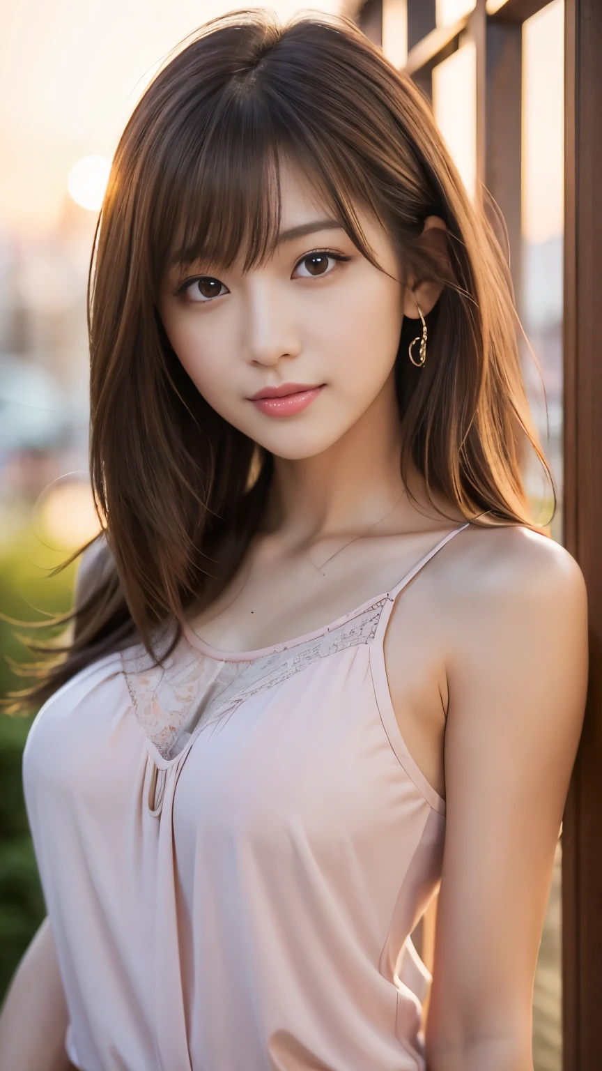 masterpiece, best quality, ultra high res, ultra detailed, sharp focus, 1girl, solo, a stunning pretty and beautiful Japanese sexy model, 19yo, looking at viewer:1.3, (bright smile:0.6), wearing a (blouse), dusk, sunset, night, realistic, slender, (standing:1.1), (looking at the viewer:1.3), sexy gaze, blush, (upper body shot:1.6), medium hair, messy hair, asymmetrical bangs, light brown hair, messy hair style,