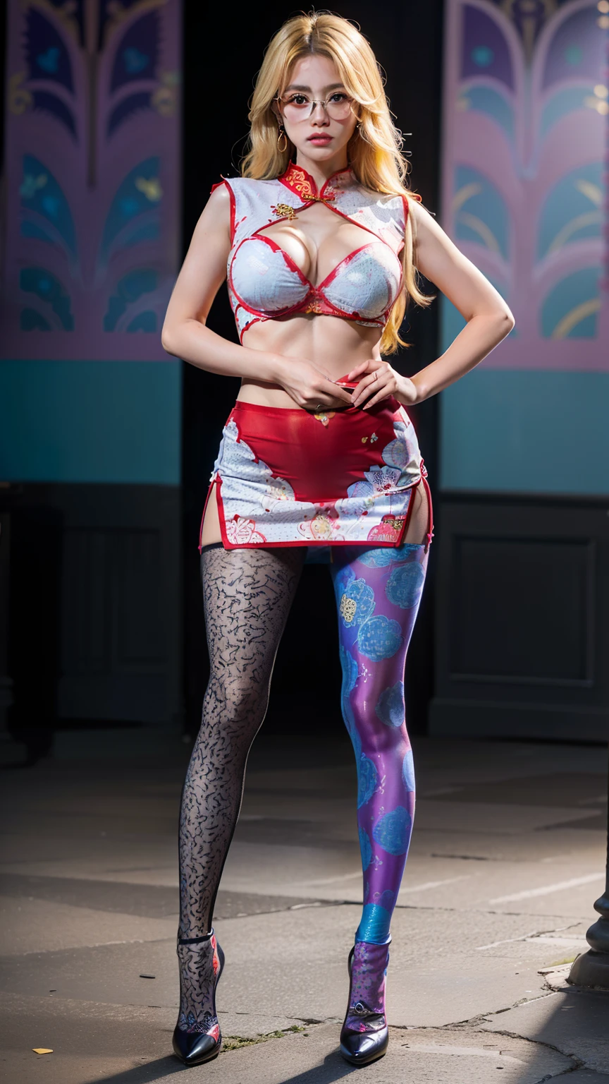 Black shot hair,(full body:1.5)，(((only one girl)):1.4),(view the viewer:1.4)，((anatomy correct):1.45),(((dancing in the palace, Perfectly integrated background))):1.3),(she wears large glasses and Holding pantie & Bra in her hand:1.2),(shy:1.15)，((red cheongsam's set):1.2),(((((((patterns)))))) ,((thick pantyhose)):1.3),( Uniform high heels leather shoes with bows for female students:1.1)，((Long legs and large chest):1.3),((((colorful))):1.4),(Accurate and perfect face:1.3),((blonde):1.2)，hyper HD, Ray traching, reflective light， structurally correct, Award-Awarded, high detail, lighten shade contrast, Face lighting ，cinematic lighting, masterpiece, super detailing, high quality, high detail, best quality, 16k，High contrast,