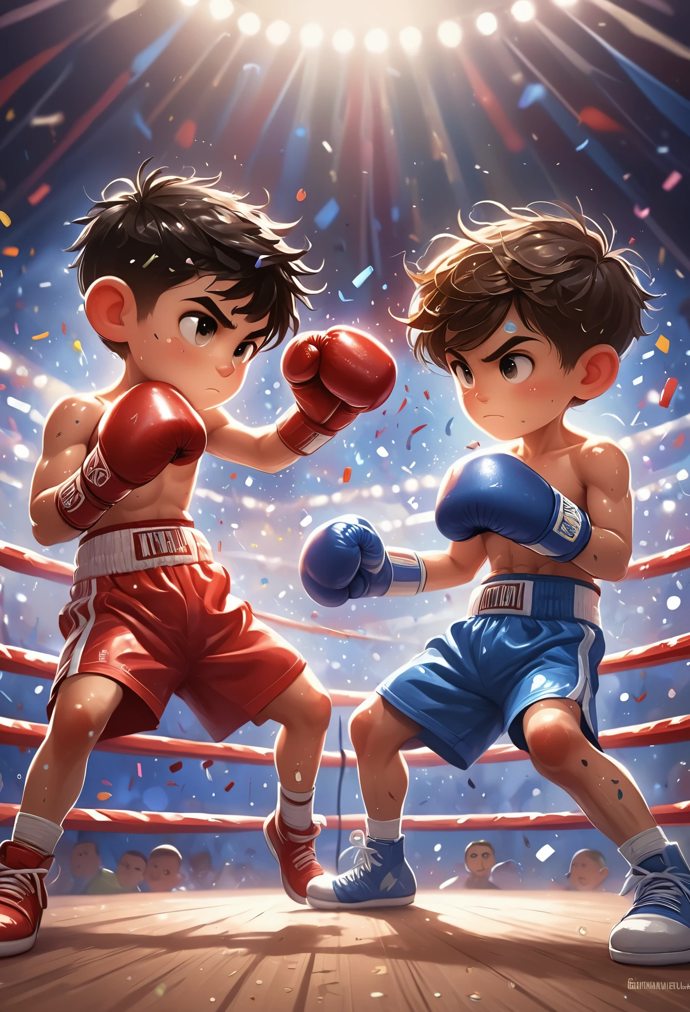 a cartoon image of two boys boxing in a ring, Drew Tucker（Drew Tucker）Digital rendering of, cg Social Hotspot, Process art, boxing match, boxing, game illustration, in a boxing ring, struggle battle, YouTube thumbnail, struggles, boxing ring, official art, Ink art brawlstars, fist struggle, struggle, official artwork, Gold gloves, Game Art，muscle，Colorful confetti in the air