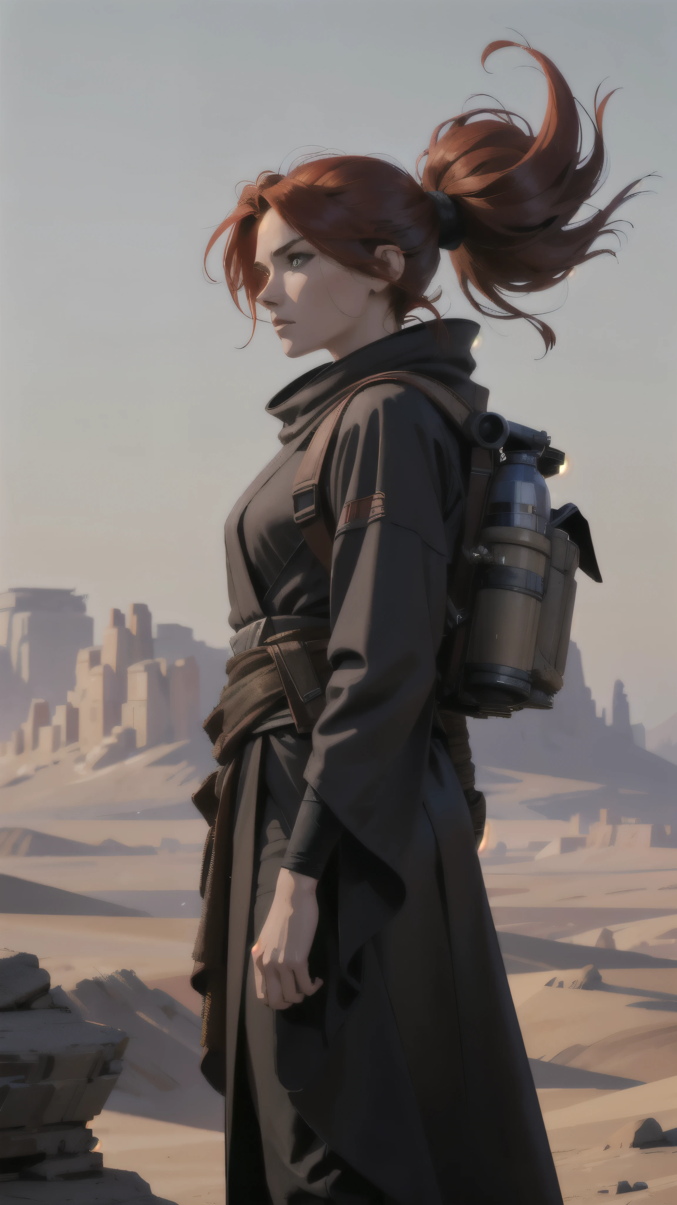 1 star wars nomad, red hair female, cloaked in dirty robes, rugged star wars backpack, detailed face, beautiful face, vintage, rustic, wind blowing hair, early morning, barren field, depth of field
