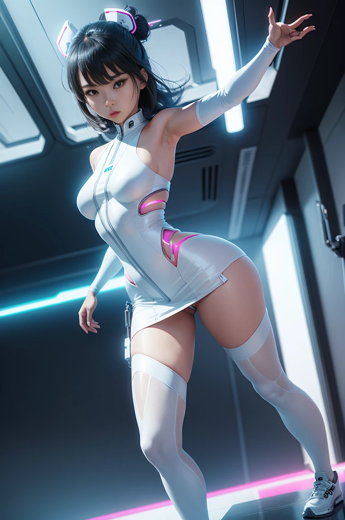 Asian woman in futuristic white clothes, Balance miniskirts, Standing on the edge of the roof of a skyscraper, arms stretched out, Neon Night, ciberpunk, makoto sinkai, Cinematic