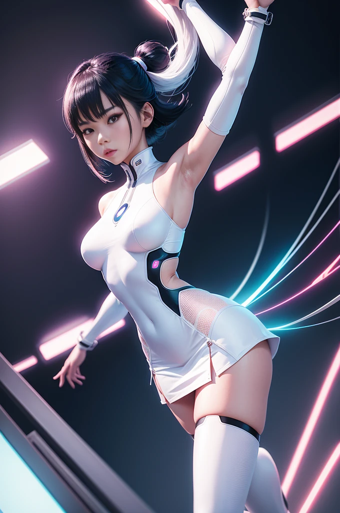 Asian woman in futuristic white clothes, Balance miniskirts, Standing on the edge of the roof of a skyscraper, arms stretched out, Neon Night, ciberpunk, makoto sinkai, Cinematic