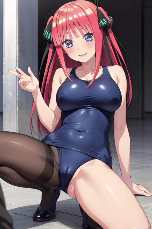 best quality, ultra-detailed masterpiece, anime art style, cute character, nino nakano, large breasts, blush, smile, one-piece swimsuit, pantyhose, pussy focus, open legs