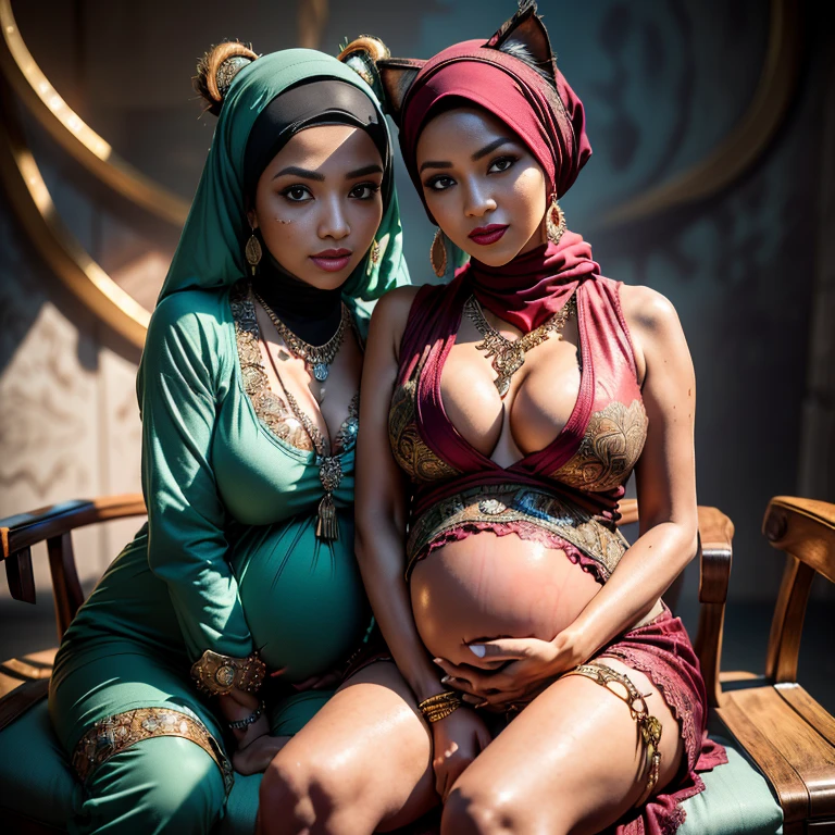 Two:2 Malaysian girl pregnant 9 month ,malay, The whole body consists of a young girl with hijab, Eye makeup, 55 year old model, Cat ears, Soft lighting, Solo, Wear shabby clothes, Dirty, Tattered futuristic military uniform, Cat's paw badge, Pose, spot color, rendering by octane, Ultra-realistic intricate details, Cinematic, 8K resolution, 70mm, emphasis lightings, (((2 girls:1.5, pregnant Gorgeous artsy women holding teddy bear sitting down in chairs))) Setting background: Basquiat graffiti wall background,Graffiti artist, urban walls, spray paint cans, bold colors, rebellious strokes, street gallery, artistic , night shadows, public expression, aerosol mastery, layered stencils, cultural messages, graffiti tags, creative risks, vibrant visuals, underground recognition, impactful designs, urban transformation. Art by Mschiffer, (((Woman with hijab style, hijab with sexy dress)), (lace stockings), (((Wearing: diamond necklace and earrings))). RAW photo, full sharp, detailed face (high detailed skin:1.2), 8k uhd, dslr, soft lighting, high quality, film grain, Fujifilm XT3, (extremely beautiful face, sexy lips, beautiful red lips, Clear eyes, beautiful eyes), (big green eyes), pretty girl, face forward, intricate detail face, ((ultra detailed skin)) (skin texture, film grain), Detailed beautiful face, natural tpose, natural facial expression, (((Straight breasts))), Surreal full-body figure, Beautiful and delicate body and face, gorgeous figure, ssmile, Titillating,Surreal full-body figure,Beautiful and detailed body and face, Super vista, White skin of the, vivd colour,🔥8k, masterpiece, RAW photo, best quality, (18k detail:1.2), photorealistic, extremely, deep shadow, earrings, bracelets, necklace,