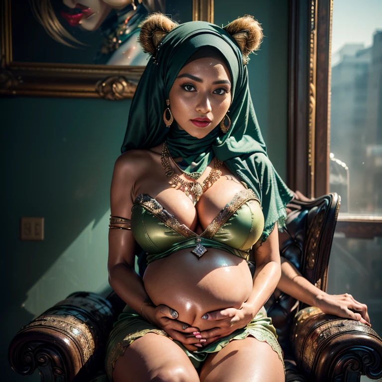 Two:2 Malaysian girl pregnant 9 month ,malay, The whole body consists of a young girl with hijab, Eye makeup, 55 year old model, Cat ears, Soft lighting, Solo, Wear shabby clothes, Dirty, Tattered futuristic military uniform, Cat's paw badge, Pose, spot color, rendering by octane, Ultra-realistic intricate details, Cinematic, 8K resolution, 70mm, emphasis lightings, (((2 girls:1.5, pregnant Gorgeous artsy women holding teddy bear sitting down in chairs))) Setting background: Basquiat graffiti wall background,Graffiti artist, urban walls, spray paint cans, bold colors, rebellious strokes, street gallery, artistic , night shadows, public expression, aerosol mastery, layered stencils, cultural messages, graffiti tags, creative risks, vibrant visuals, underground recognition, impactful designs, urban transformation. Art by Mschiffer, (((Woman with hijab style, hijab with sexy dress)), (lace stockings), (((Wearing: diamond necklace and earrings))). RAW photo, full sharp, detailed face (high detailed skin:1.2), 8k uhd, dslr, soft lighting, high quality, film grain, Fujifilm XT3, (extremely beautiful face, sexy lips, beautiful red lips, Clear eyes, beautiful eyes), (big green eyes), pretty girl, face forward, intricate detail face, ((ultra detailed skin)) (skin texture, film grain), Detailed beautiful face, natural tpose, natural facial expression, (((Straight breasts))), Surreal full-body figure, Beautiful and delicate body and face, gorgeous figure, ssmile, Titillating,Surreal full-body figure,Beautiful and detailed body and face, Super vista, White skin of the, vivd colour,🔥8k, masterpiece, RAW photo, best quality, (18k detail:1.2), photorealistic, extremely, deep shadow, earrings, bracelets, necklace,