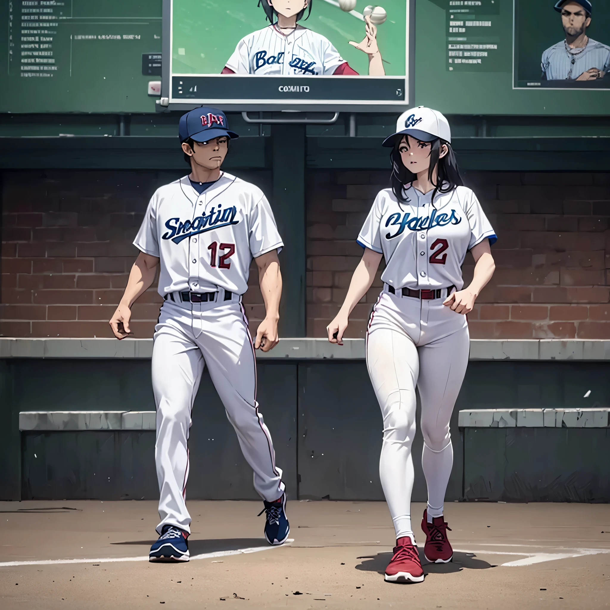 a man together with his wife, wearing traditional baseball uniform, sports shoes, baseball hat, walking on the baseball field during the day, concept everywhere, big TV in the background,full body, muscular, serious face, very detailed, masterpiece, ultra defined, ultra resolution.
