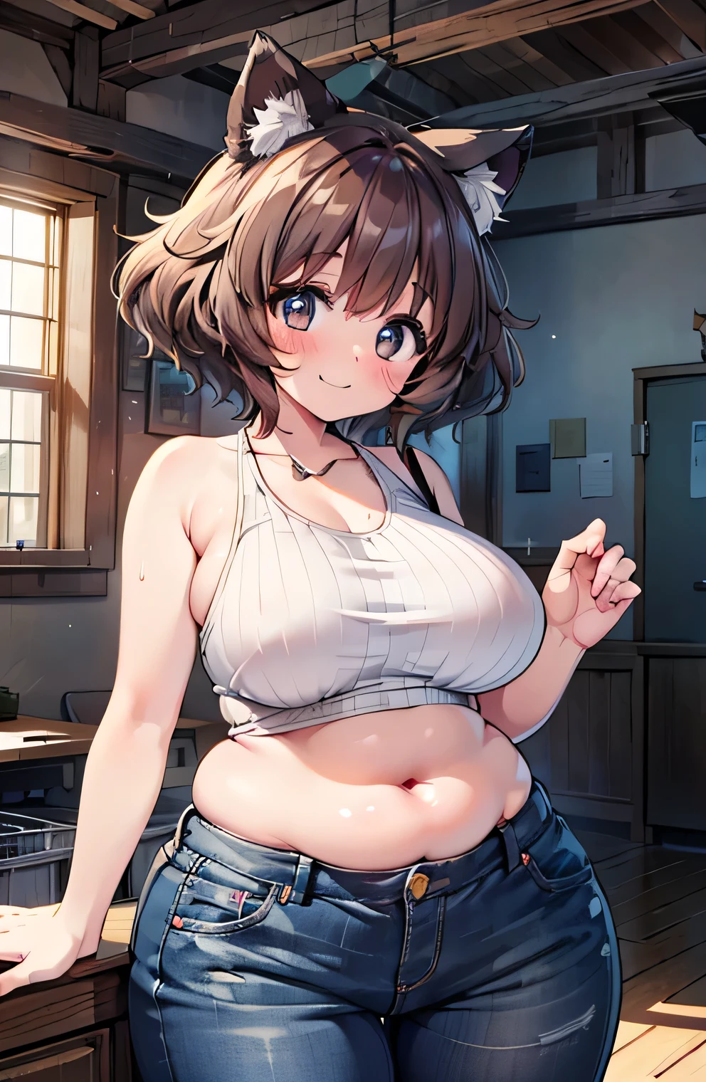 Anime illustration、highest quality、A short and plump high school girl、Sporty tube top、hot pants、Cat Tower、Perfect proportions、overwhelmingly big breasts、Beautiful, shining eyes、Blushed、smile、Cowboy Shot、Dangerous Beast