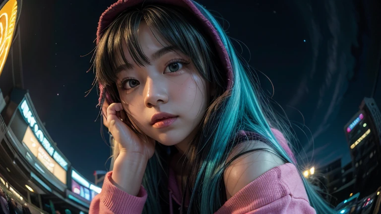 (masterpiece), highest quality, 超High resolution,Girl, サイバーパンク 1 美しい都市景観の上を飛ぶGirl ,hoodie,Blue Hair, Neon colorの流れ星, Very long hair, Off the shoulder, Feather hair ornament, Neon color, Blink, Amazing night sky, Cinema Lighting, Realistic, Realistic Skin, High resolution,Fisheye Lens