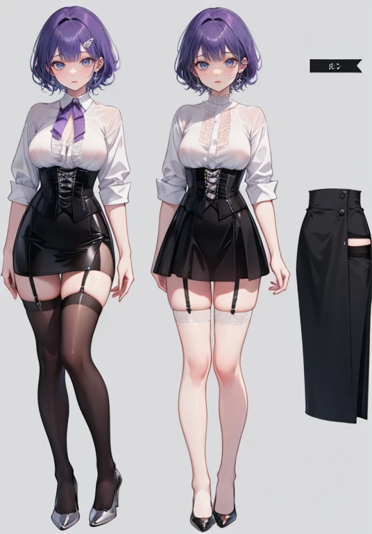 Purple Hair,Shortcuts,Adult female,(((bartender))),((Body Harness)),((Rolling up your sleevesYshirt)),(corset),mini skirt(Short skirt),((garter belt)),High heels,((Simple Background)),smile,((Full Body)),((full body)),((whole body)),Character Sheet,