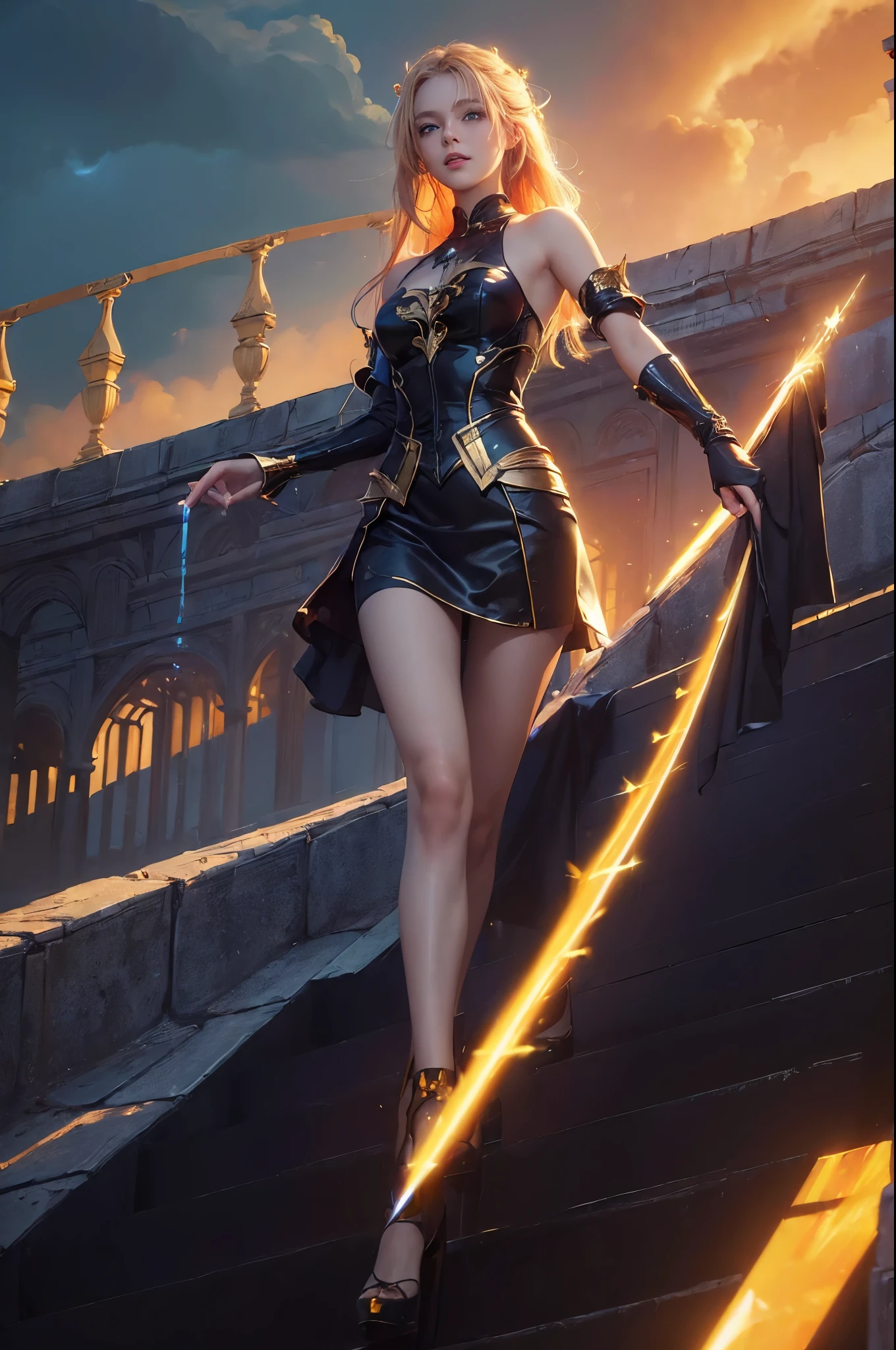 (masterpiece:1.8), (highest quality:1.8), (Exquisite lighting and shadows, A very dramatic picture, Cinema Lens Effects) 8k, wallpaper, Looking at the audience, Spread your arms, Has yellow golden hair on one side、Thin and short fantasy witch woman。She wears a sleek, futuristic black mini dress with gold embellishments and gold lines.。, Black mini skirt, Narrow waist, Hip, Red ribbon at waist, Beautiful Blue Eyes, Beautiful Lips, Beautiful smile, Glowing red flames behind, Clouds and sky background, Ethereal Lightning, Sharp focus
