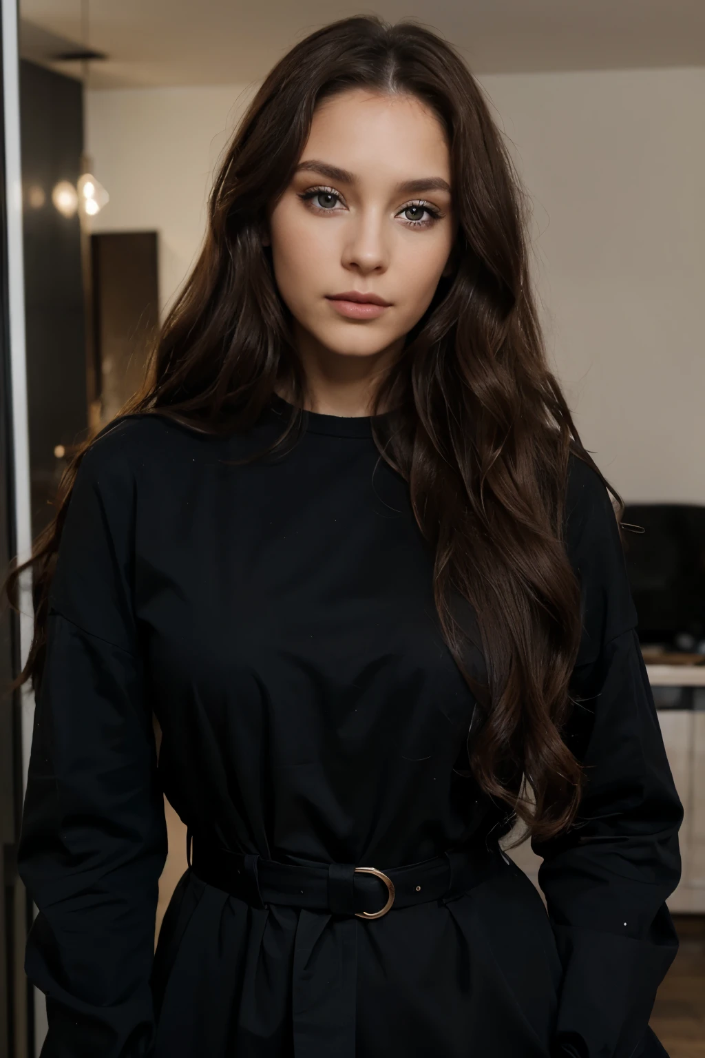 femme de 29 ans, long brown slightly curly hair, yeux bleus, visage parfait, professional makeup like model, C et portant un haut noir
