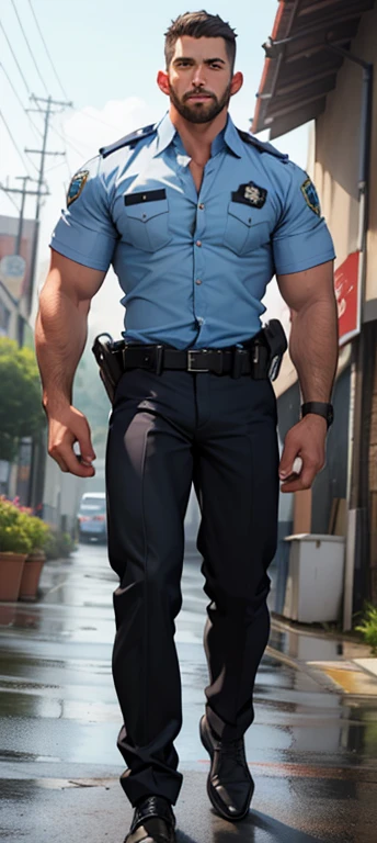 masterpiece, best quality, face, natural eyes, 1man, european, big feet, black socks, full body, a man in police uniform , large bulge, long legs, looking at viewer, 30 years old, muscled and mature, short haircut, open chest, shirt button undone, blue eyes, flush, organism, confident face, sweating, tight cloth, erecting