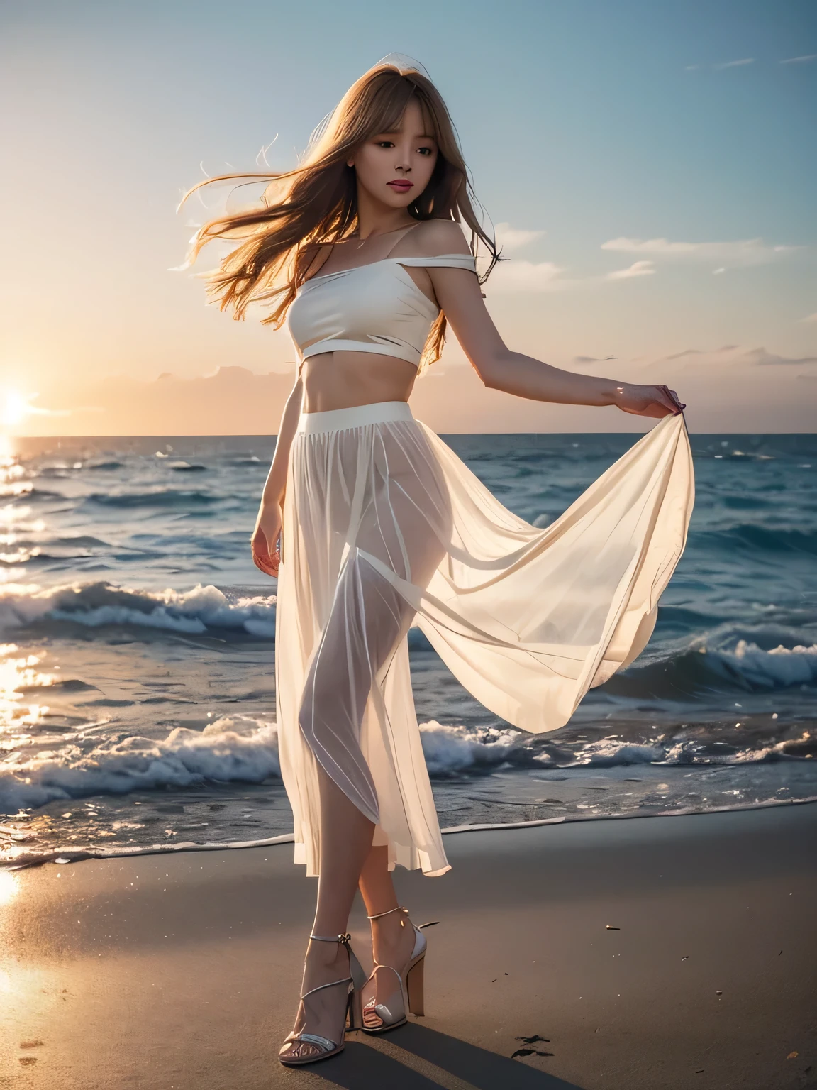 8K, Photographic imageasterpiece、最high quality、Super-resolution、Low angle image、Beauty with golden curly hair、((BlondeBeauty))、With bangs、Impossibly cute face、And slim、Small breasts, high quality、T Masterpiece、Exquisite Function、Delicate eye、delicate golden hair、8K quality、Pale light and shadow、Dindal effect、disheveled golden hair、With bangs、(logo、masterpiece、8k、Tabletop、RAW Photos、wonderful、最high quality、Photorealistic and very detailed CG synthesis 8k wallpaper、high quality、Very detailed、Narrative poem、Particle Effects、Dynamic Effects、Written boundary depth、Cinematic Light、Lens flare、Ray Tracing)、Fantasy、Angle from the front ground、Standing full body image、 (One beautiful woman、Strong Wind、The skirt is being lifted up by the wind、See-through T-shirt、A slightly see-through white long skirt、Erotic underwear is visible through、Tube top、Crop top、High heels、Blonde、Beautiful Face、True Face、Beautiful details、eye、Beautiful Skin、Ultimate Body、glamorouy skirt flutters in the wind、Hair flutters in Wind、Hair bounces、bedroom、Wonderful views、Coastal、sunrise、Sun in the background、Wind、