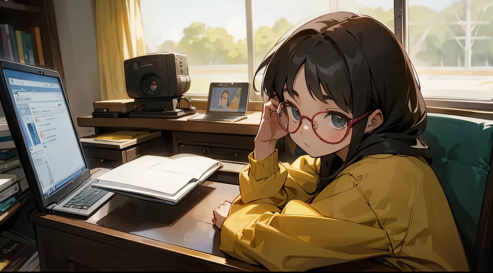 A 15-year-old girl studying on the laptop in a warm and Lo-Fi environment. The girl has round glasses and has to be looking at the laptop.