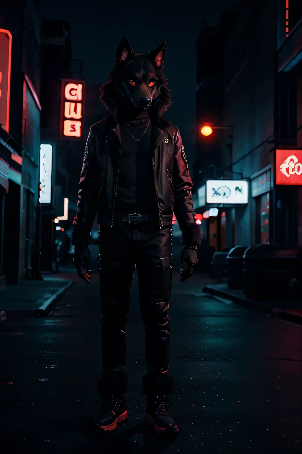 anthropomorphic black and red furry dog/wolf standing in a dark, cyber/neon city in an anime/cartoon style