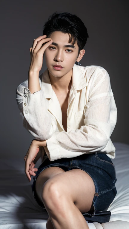 Atmospheric Boy，In one pocket is a school bag, rubber micro thing , textured skin, looking at camera busts, photos, realistic photos of black hair, high-quality picture effects, full length shot(fls) , sexy, NSFW , bare thighs , eroticism