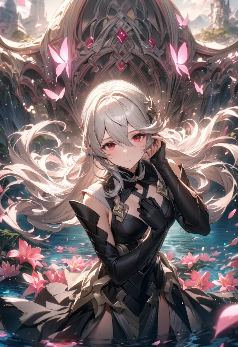 absurdres, highres, ultra detailed, HDR, master piece, best quality, Corrin, white hair, expressive red eyes, Fire Emblem Fates, solo, girl, extremely beautiful, pretty, white and black clothes, pink shining butterflies, pink lilies, pink petals, water