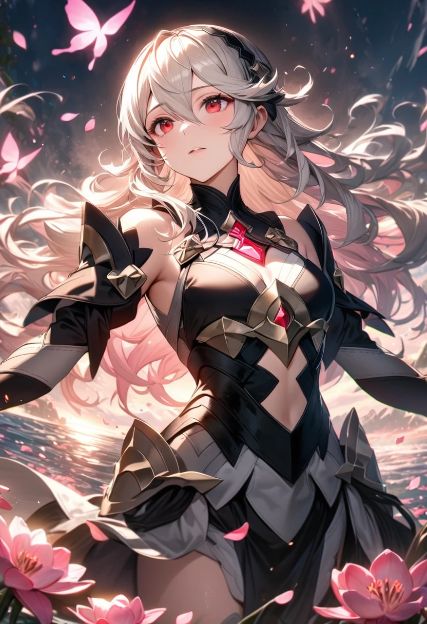 absurdres, highres, ultra detailed, HDR, master piece, best quality, Corrin, white hair, expressive red eyes, Fire Emblem Fates, solo, girl, extremely beautiful, pretty, white and black clothes, pink shining butterflies, pink lilies, pink petals, water