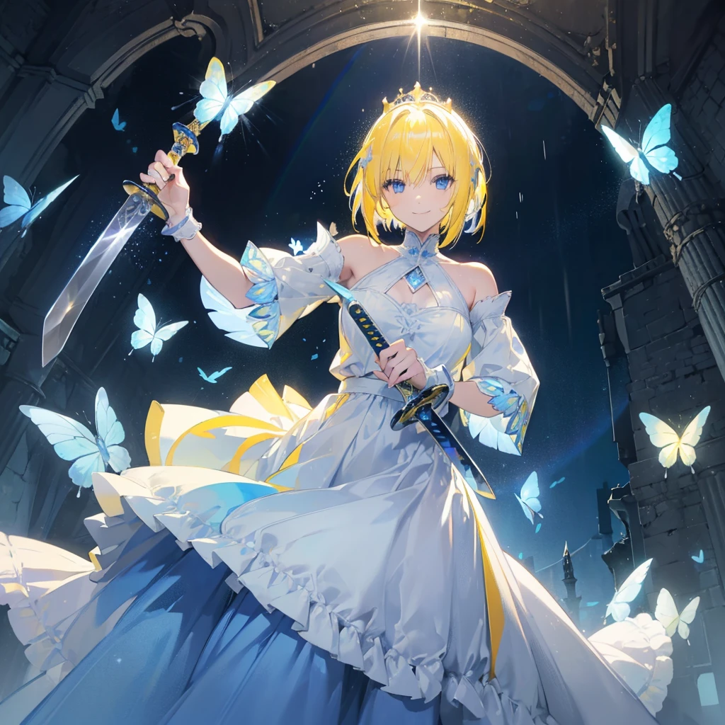 ((Yellow Hair　Short Bob　blue eyes　Blue and white dress))　((King Arthur　Big Sword　Pull out the sword　smile　rainbow　white butterfly))　(Inside an abandoned castle　Ivy　Kindness)　Lonely　bright　rain　plant