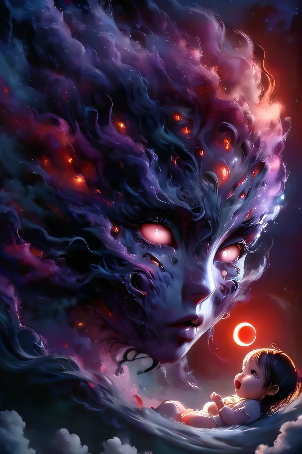 fantasy art 8k,masterpiece
pmmkr2024, magic, anime, cartoon, creature, best quality, trending on artstation,baby girl being born from the abyss of the shadows of the void,human face,two ghoulish nurses,souls I watch the birth of the baby,red moon,red clouds,night,shadows