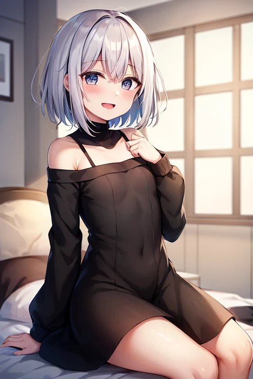 ((highest quality)), ((masterpiece)), (be familiar with), Perfect Face, indoor, Bedroom, Watching the audience,
One woman, Antiline Helan Fouché,
Open Mouth, Ecstatic expression, blush, smile,
Small breasts, Flat Chest, Young Girl, , , Girl,
Short Hair, Black and white hair, Two-tone color, Black and white eyes, Odd Eye, short hair,
Leg spread,