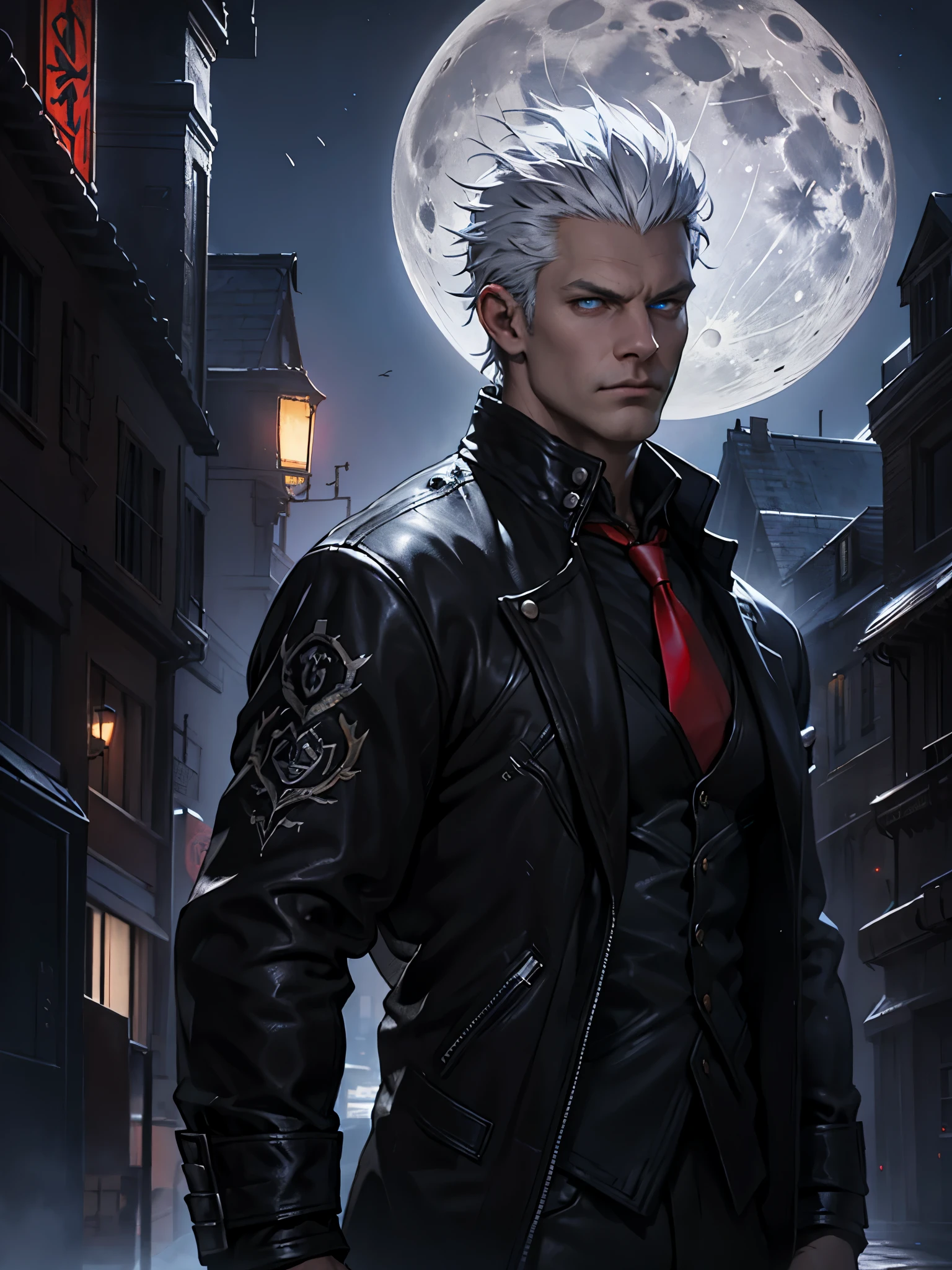 male, white hair combed back, blue eyes, black leather jacket, black shirt, red tie, red vest, detailed eye. City at night background. big full moon. Portrait from side. 