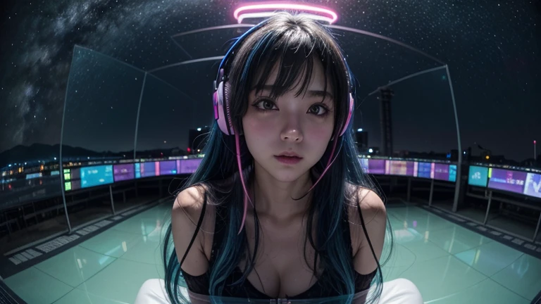 (masterpiece), highest quality, 超High resolution,Girl, サイバーパンク 1 美しい都市景観の上を飛ぶGirl ,Headphones,Blue Hair, Neon colorの流れ星, Very long hair, Off the shoulder, Neon color, Blink, Amazing night sky, Cinema Lighting, Realistic, Realistic Skin, High resolution,Fisheye Lens,Wearing a see-through transparent rubber suit,