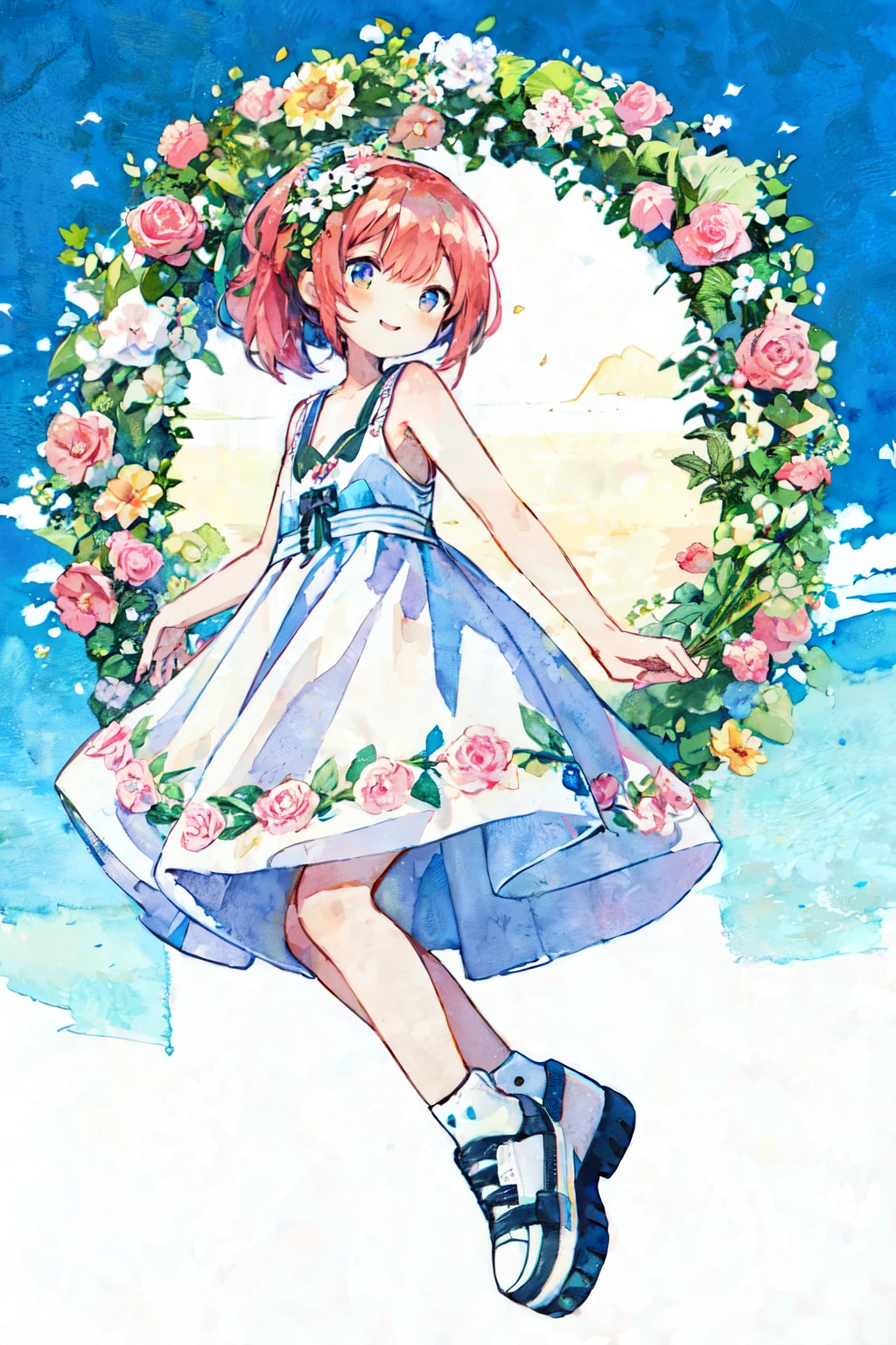 Pastel Watercolor、redhead, 1 girl, 、summer👗、summer flowerwreath background:1.0、white, high ponytail、platform sneakers、smile、Up from the side