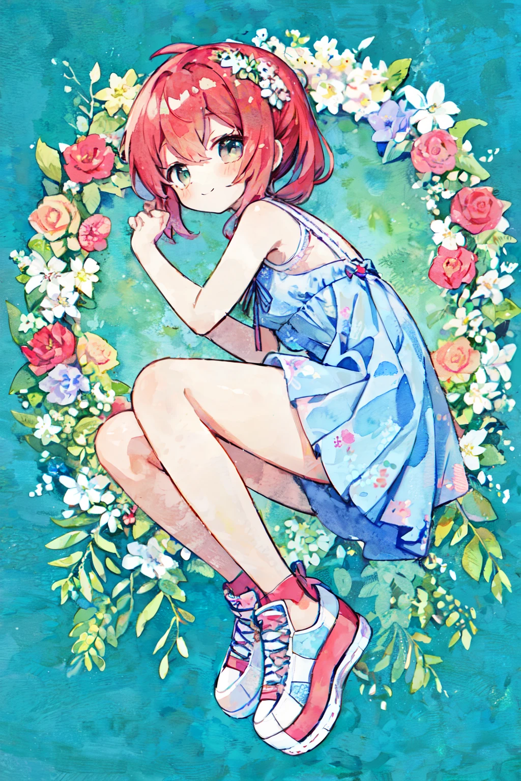 Pastel Watercolor、redhead, 1 girl, 、summer👗、summer flowerwreath background:1.0、white, high ponytail、platform sneakers、smile、Up from the side
