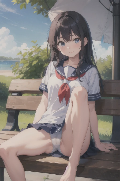 highest quality、Super Resolution、8K,(masterpiece:1.3), (Absurd:1.3), (highest quality:1.3), (Very detailed:1.3), One girl, View your viewers, smile, Outdoor,Photographed from the perspective of looking up at her feet, Summer sailor uniform,ailor collar,、Sit on a bench、She spreads her legs、Show panties shyly、She shows off her white frilly panties to the viewers.、