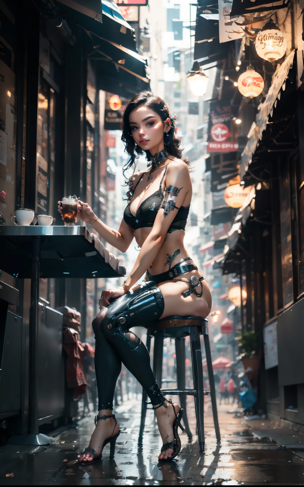 Sexy cyborg girl erotically sitting at a table in a sidewalk cafe, foot on foot, (Best quality, 4K, 8k, A high resolution, masterpiece:1.2), absurdity, masterpiece, ultra detailed, (realistic, photorealistic, photorealistic:1.37), complex parts, HDR, (complex parts:1.12), (hyper detailed, hyper realistic, Soft lighting, spicy:1.2), beautiful figure, Magnificent Anatomy, (complex part, Hyper detailed:1.15), Smooth skin,