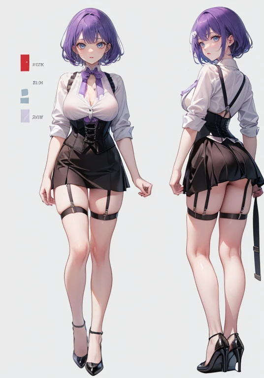 Purple Hair,Shortcuts,Adult female,(((bartender))),((Body Harness)),((Rolling up your sleevesＹshirt)),(corset),mini skirt(Short skirt),((garter belt)),High heels,((Simple Background)),smile,((Full Body)),((full body)),((whole body)),Character Sheet,