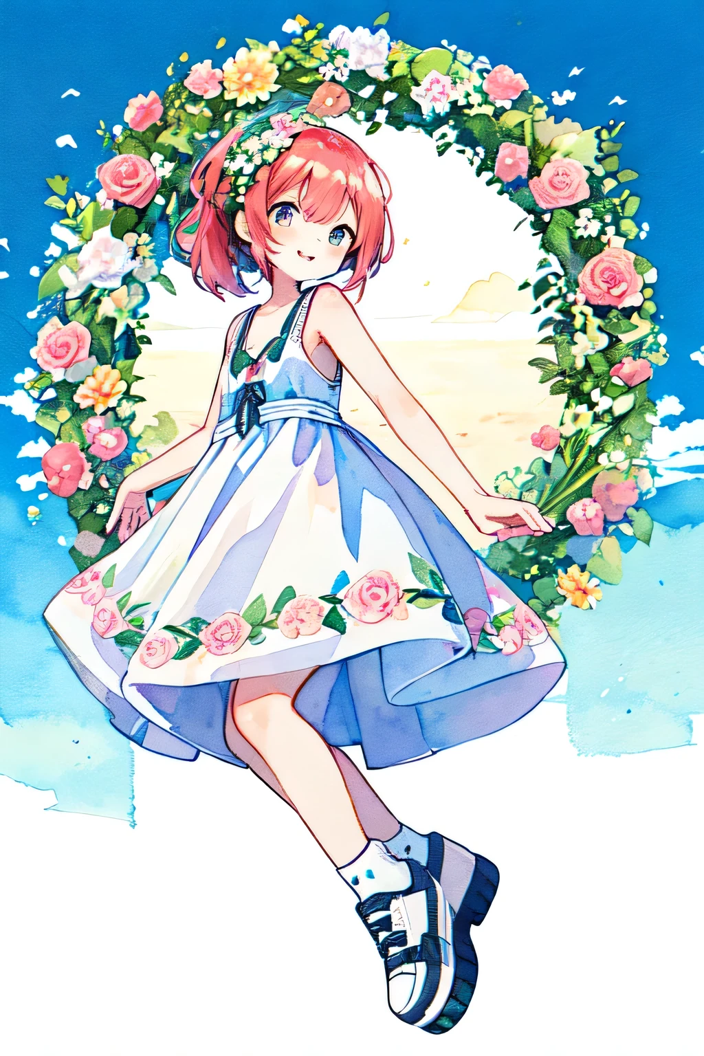 Pastel Watercolor、redhead, 1 girl, 、summer👗、summer flowerwreath background:1.0、white, high ponytail、platform sneakers、smile、Up from the side