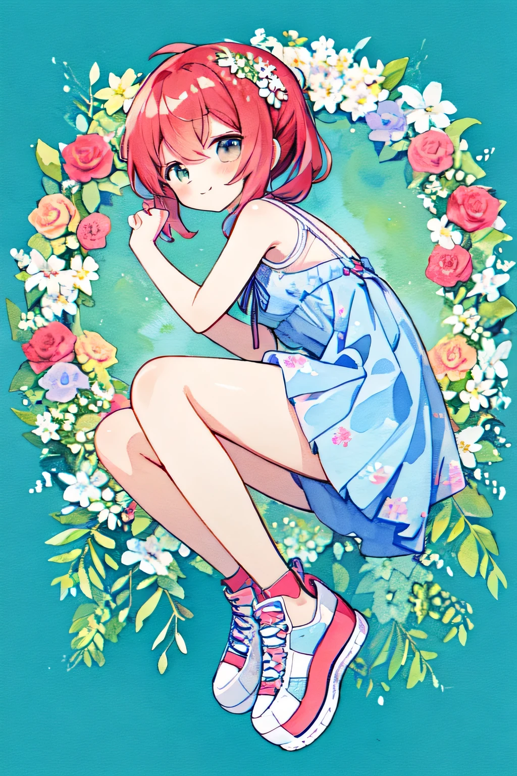 Pastel Watercolor、redhead, 1 girl, 、summer👗、summer flowerwreath background:1.0、white, high ponytail、platform sneakers、smile、Up from the side
