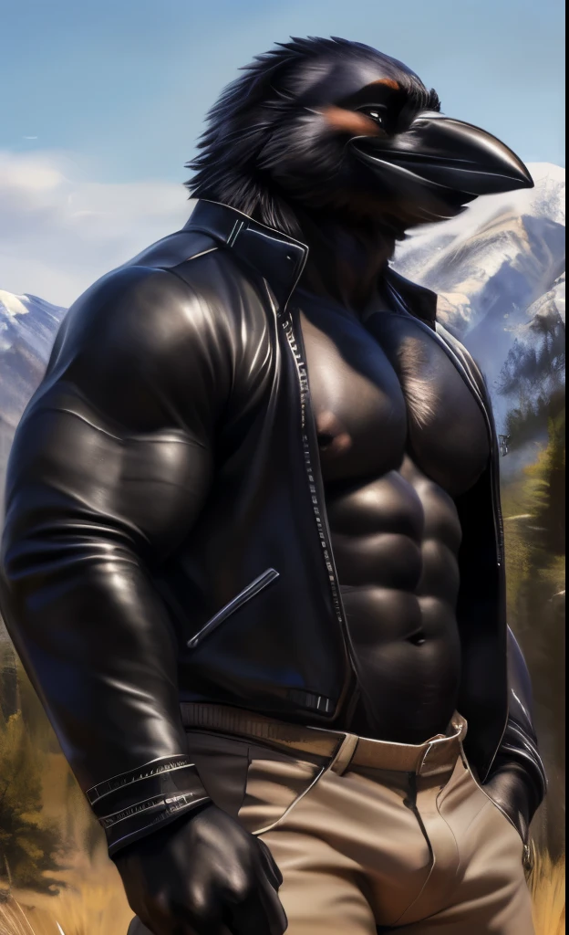 (((raven)), (((black body))), anthro, (open jacket), (short pants), (((full body portrait))), showing pecs, showing chest, male, solo, adult, muscular abs, huge pecs, (nipples), older, detailed muscles, huge muscles, (mountain background), detailed face, smiling, (happy face), looking at viewer, bodybuilder body, hunk, beefy, by bruteandbrawn, by raccoon21, by personalami, by chunie, by kenket, (intricate, high detail, film photography, soft focus, RAW candid cinema, photorealism, realistic, photorealistic, analog style, subsurface scattering, masterpiece, best quality, ultra realistic, 8k)