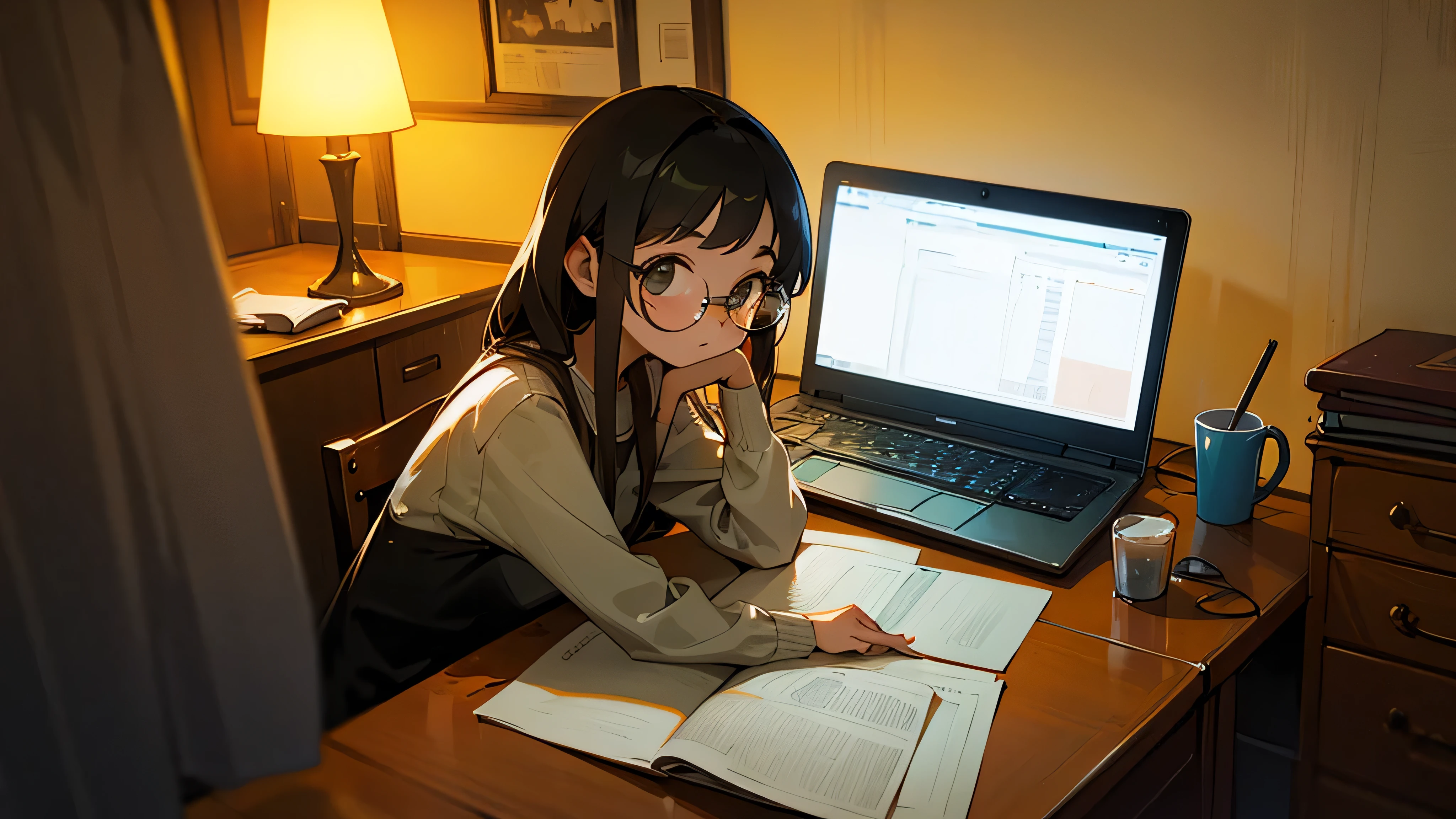 A 15-year-old girl studying on the laptop in a warm and Lo-Fi environment. The girl has round glasses and has to be looking at the laptop at night.