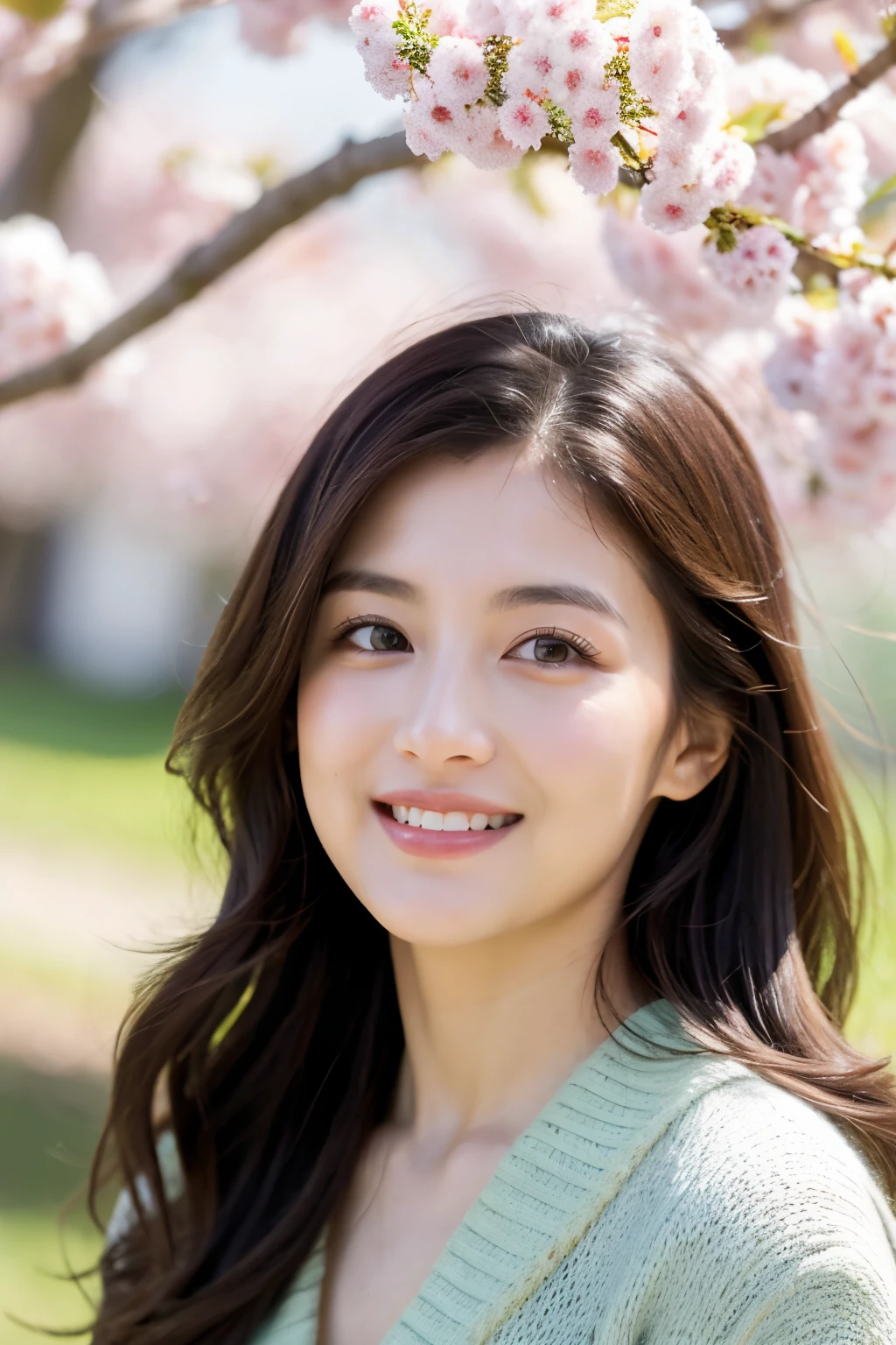 highest quality, Ultra-high resolution, (Realistic:1.4), One girl,  (Faded grey hair:1), View your viewers, close ,((highest quality, 8k, masterpiece :1.3)),  (Random Hairstyles, Huge breasts :1.2),  Morning sunlight、Highly detailed face, Fine grain, double eyelid,cute,Mature Milf Young,wonderful,whole body,素敵なPerfect Face、Soft Skin、Perfect Face,Gorgeous long wavy brown hair,8k resolution,Under the cherry trees in spring、(Woman looking up at the camera and smiling)。She was wearing a white open-necked blouse and a pleated skirt.、Over that she wears a loose pink cardigan.。Cherry blossoms fluttering around、The background is a bright green grassland。The images have a bright and refreshing feel.、(((Top view)))It is filmed in。In high resolution、Spring warmth and flowers々The delicate colors of。