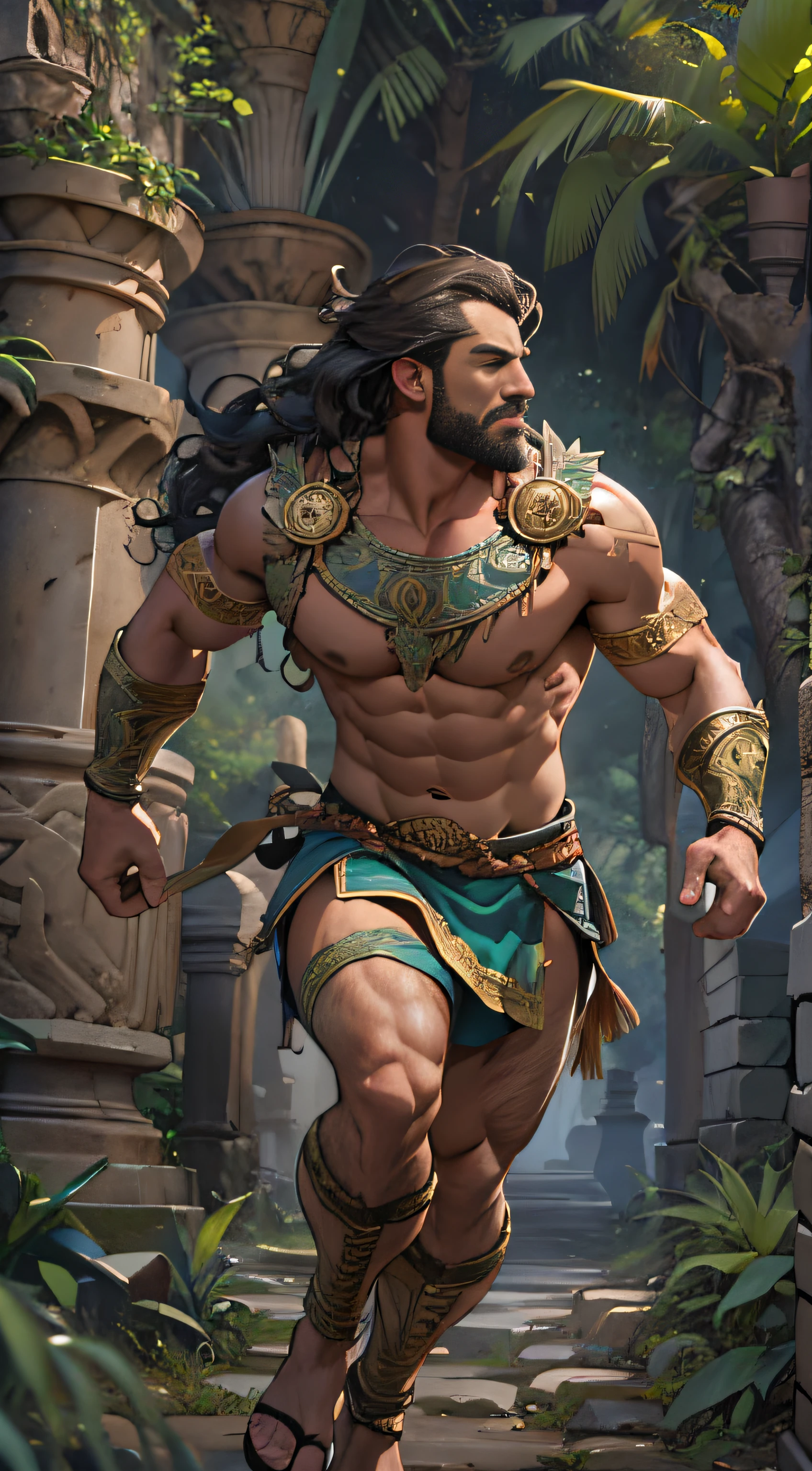 Muscular boss running towards enemy Spaniards, parcialmente parte superior do corpo, uncovered lower body from thighs to feet,, long, flowing curls, detalhes musculares intrincados, arte fotorrealista, Qualidade 4K. Fundo: Dense jungle with ancient ruins,32K Ultra HD, melhor qualidade, obra de arte, super detalhe, detalhes altos