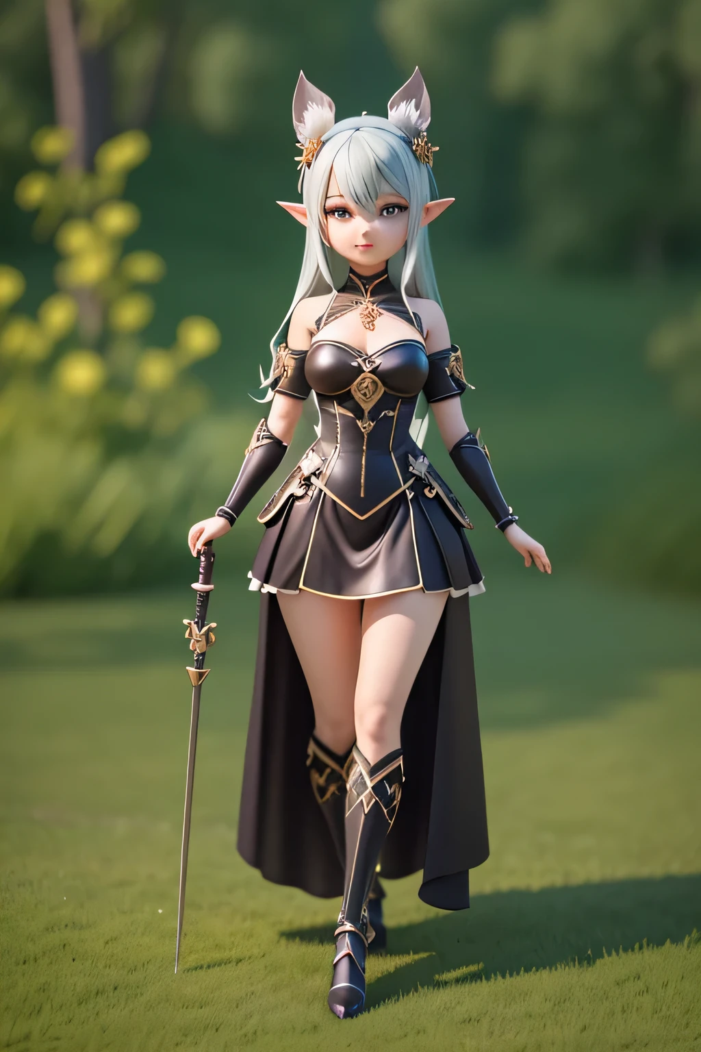 Cute in black long suit hybrida armor,dual weilding black sword of red lighting, Step on the green lawn beneath your feet, mountain ,Like a fairy,Extremely cute,with elf ears,full bodyesbian:2.1,Detailed rendering with 3D rendering techniques,Stylized representation of digital art。Render a cute 3D anime girl,Stylized presentation,A cute ceramic doll and a super detailed fantasy character appear at the same time,are rendered in stylized 3D renderings。Cute images of forest creatures and digital art will also appear,The background depicts the atmosphere of April