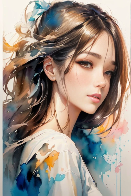 Painting of a woman with long hair and a white shirt, Realistic cute girl drawing, Painting a portrait of Ross, Trending on artstration, Lost draw 1. 0, Stunning Anime Face Portraits, Watercolor style, Beautiful character drawings, Beautiful anime portraits, Beautiful Art UHD 4K, Beautiful artwork illustration, Digital Painting Style, Lost Draw 2. 0, Watercolor digital painting